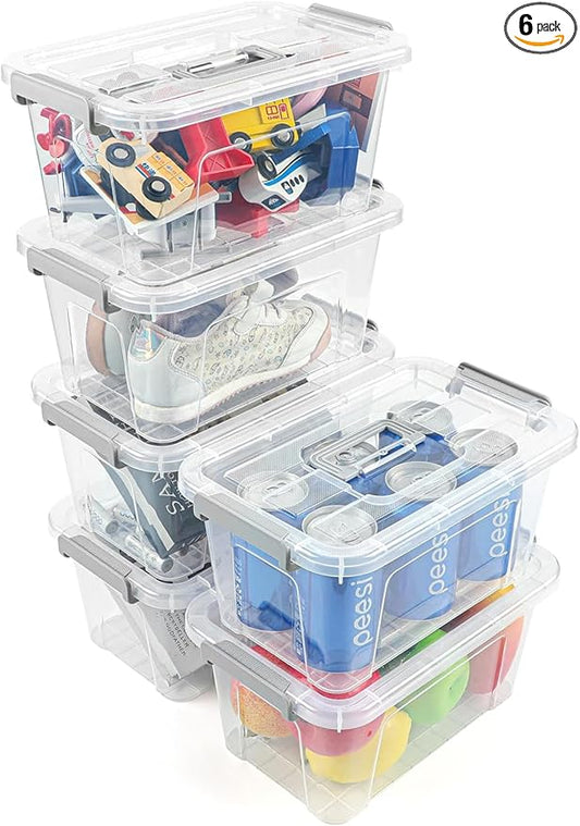 6 Pack Plastic Storage Bins with Lids 7 Quart Stackable Clear Storage Bins with Buckle Lids and Handle easy for Home Office Pantry Organization, Grey