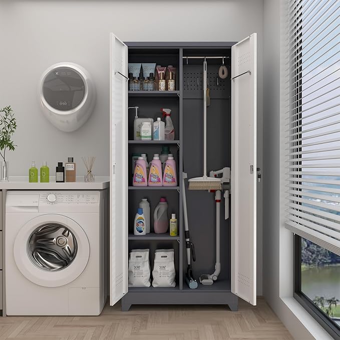 GREATMEET Tall Metal Utility Storage Cabinet for Cleaning Supplies & Tools, Garage Organizer with Adjustable Shelves, Pegboard Back Panel & Tool Hanging Bars, Grey White