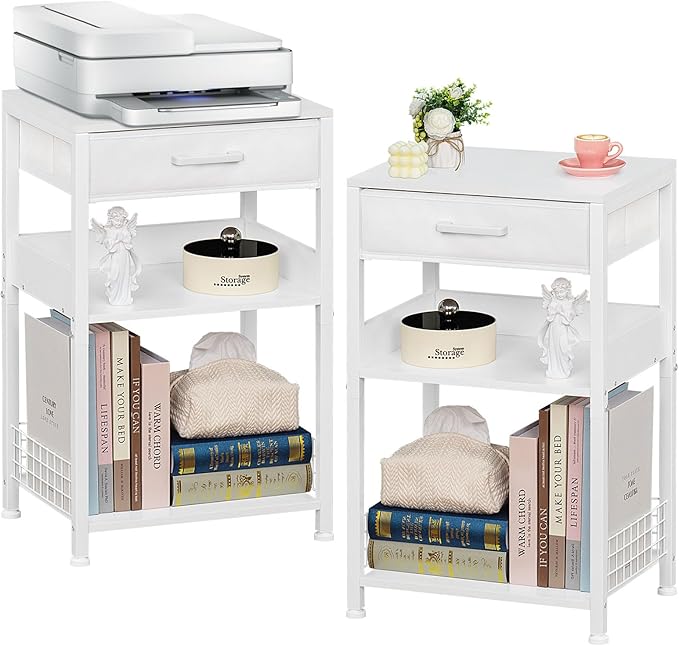 Lerliuo White Side Table Set of 2,3 Tier Industrial Printer Stand with Fabric Drawer,Modern Tall Printer Desk Holder with Storage Shelf,Bedside Tables for Home Office Fax Machine Scanner