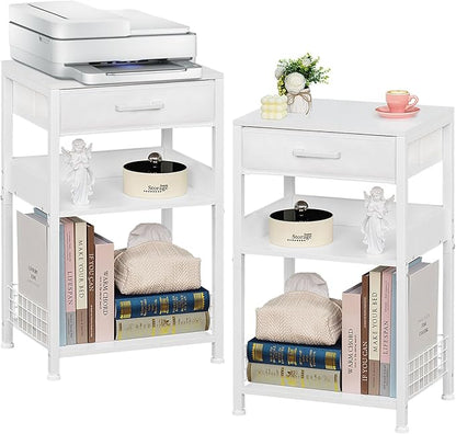 Lerliuo White Side Table Set of 2,3 Tier Industrial Printer Stand with Fabric Drawer,Modern Tall Printer Desk Holder with Storage Shelf,Bedside Tables for Home Office Fax Machine Scanner