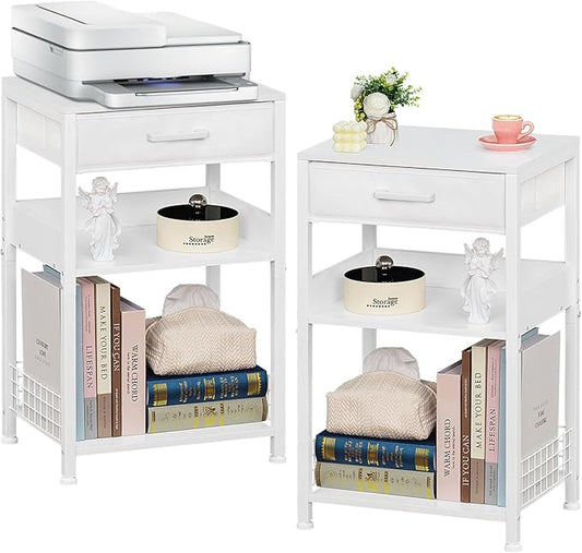 Lerliuo White Side Table Set of 2,3 Tier Industrial Printer Stand with Fabric Drawer,Modern Tall Printer Desk Holder with Storage Shelf,Bedside Tables for Home Office Fax Machine Scanner