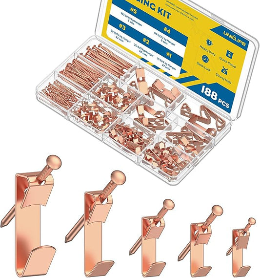 Uniclife 188 Pcs Rose Gold Picture Hanging Kit, 10 lb, 20 lb, 30 lb, 50 lb, 100 lb Heavy Duty Picture Hangers for Drywall & Wood, Picture Hanging Hooks, Frame Hooks for Hanging Photos