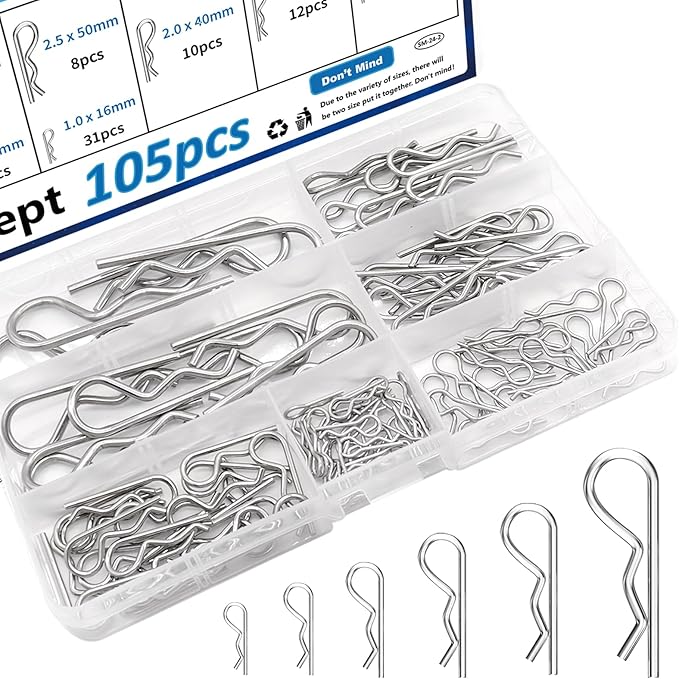 105Pcs 304 Stainless Steel Cotter Pins 7-Values R Cotter Pin Used for Hitch Lock System, Trucks, Engine