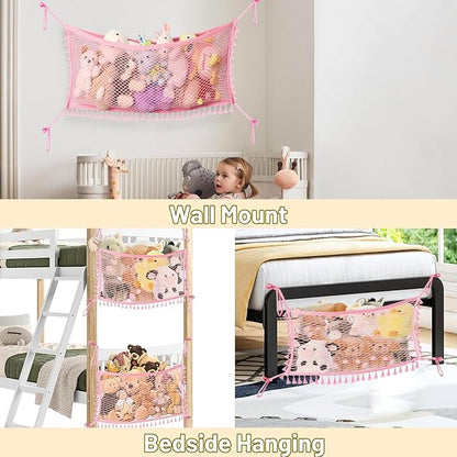 Ofiray-home Stuffed Animal Hammock, Bedside Stuffed Animal Storage Net Corner - Kids Nursery Wall Bedroom Home Decor, Cotton Bedside Toy Organizer Net with Tether, Stretches up to 36 In, Pink
