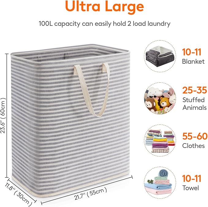 Lifewit 1 Pack Laundry Basket 100L Each, Collapsible Clothes Hamper with Reinforced Handles, Freestanding Waterproof Design for Bedroom and Laundry Room, Grey 100L Total