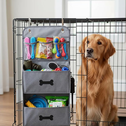 4-Shelf Dog Storage Organizer for Dog Toys,Over Door Basket for Pet Stuff with 2 Metal Hooks,4 Large Pockets for Dogs Leash,Harness,Toys,Treats-with DIY Tag-48''(Height)-Grey ﻿
