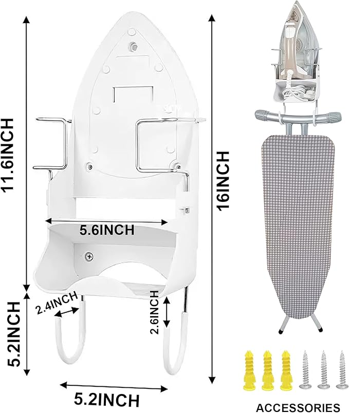 Wall Mount Iron Board Hanger，Ironing Board Storage Organizer Shelf with Iron Board Rack and Hooks for Laundry Room, Living Room, Bathroom ，Hotels
