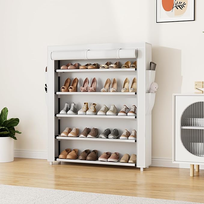 Shoe Rack with Cover, 5 Tier Shoe Organizer Storage for 20-24 Pair Shoes and Boots Large Shoe Storage Shelf Space Saving Vertical Shoe Rack for Closet, Front Door Entrance, Dorm, Garage, White