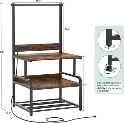 Homieasy Printer Stand with Charging Station, 29.1" x 22.8" Large 3D Printer Table with Filament Storage, Heavy Duty Rolling Printer Cart with 4-Tier Storage for Workshop/Office/Garage, Rustic Brown