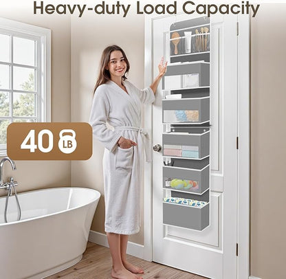 6-Tier Over The Door Organizer, Hanging Storage Organizer with Clear Window, 40lb Ultra Sturdy Large Capacity Room Organizer for Pantry Bathroom Nursery Closet Baby Essential (Grey)