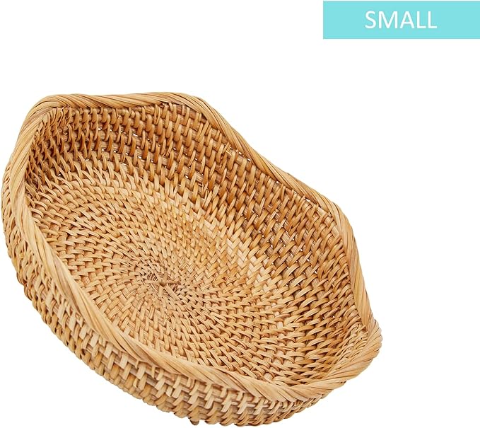 Natural Rattan Round Fruit Basket Bowls, Hand Woven Decor Serving Baskets, Wicker Storage for Dinning Room (Wave-Small)＜7.9''(D) X2.6''(H)＞