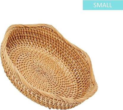 Natural Rattan Round Fruit Basket Bowls, Hand Woven Decor Serving Baskets, Wicker Storage for Dinning Room (Wave-Small)＜7.9''(D) X2.6''(H)＞
