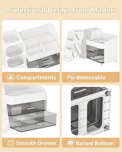 Makeup Organizer with Drawers, Skincare Organizer (Large Size Thick), Storage Box Cosmetic Display Cases, Make up Organizers for Vanity, Dresser, Desk, Kitchen, Countertop (White)