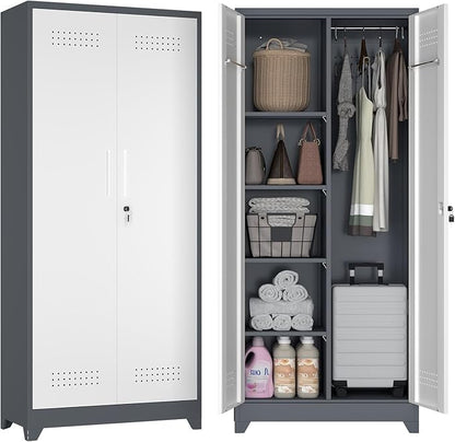 72.8" H Metal Garage Storage Cabinets with Doors and Shelves, Broom Closet Storage Cabinet, Tool Cabinets with Hanging Rod, Cleaning Storage Cabinets for Garage,Bedroom Office Grey&White