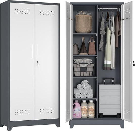 72.8" H Metal Garage Storage Cabinets with Doors and Shelves, Broom Closet Storage Cabinet, Tool Cabinets with Hanging Rod, Cleaning Storage Cabinets for Garage,Bedroom Office Grey&White