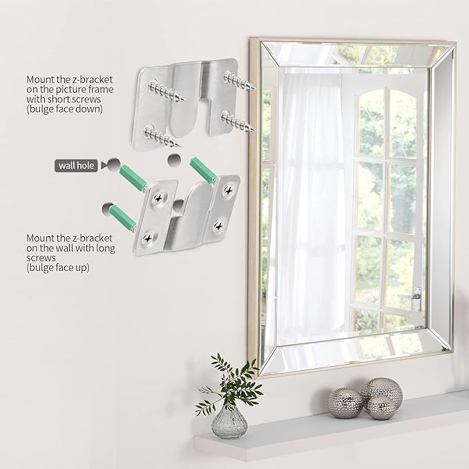 10 Sets Flush Mount Bracket with Screws, Heavy Duty Picture Hangers, Stainless Steel Z Clip Bracket Picture Wall Mount Hardware for Wall Hanging Large Pictures, Art Paintings, 2.13" x 1.18"