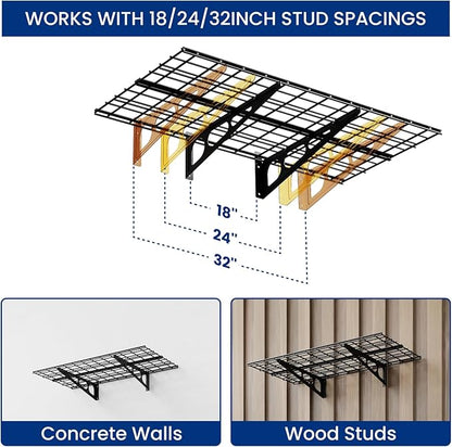 FLEXIMOUNTS 2-Pack 2x4ft Garage Shelving with Hooks, 24-inch-by-48-inch Wall Shelf Garage Storage Racks Floating Shelves, Black, Classic Series
