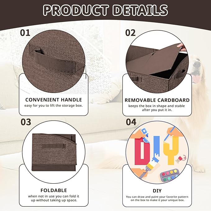 Foldable Pet Toy Storage Box with 3 Handles, Portable Organizer Basket for Dog Toys, Blankets & Accessories, Dark Brown