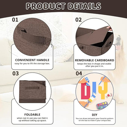 Foldable Pet Toy Storage Box with 3 Handles, Portable Organizer Basket for Dog Toys, Blankets & Accessories, Dark Brown