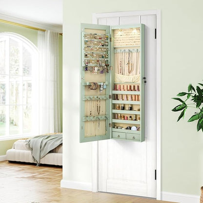 Giantex Wall Door Mounted Jewelry Armoire Cabinet with 47.5" Full Length Mirror, 2 LEDs Lockable Jewelry Organizers and Storage with 2 Drawers, Over the Door Jewelry Organizer Cabinet (Sage)