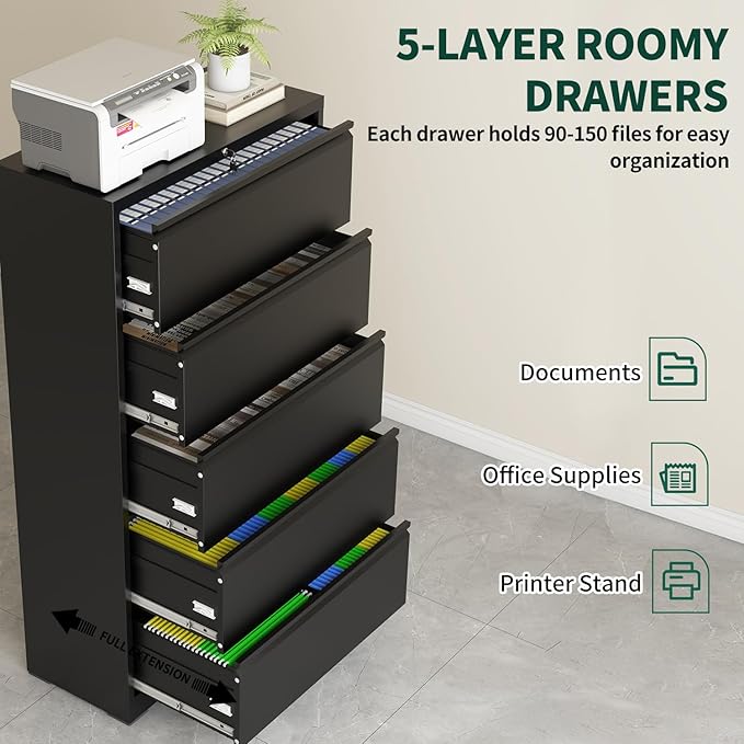 5 Drawer Lateral File Cabinet with Lock, Horizontal Metal File Cabinets for Home Office, Heavy Duty Large Filing Storage Cabinet, Steel Wide File Cabinet for Legal/A4/F4, Require Assembly-Black