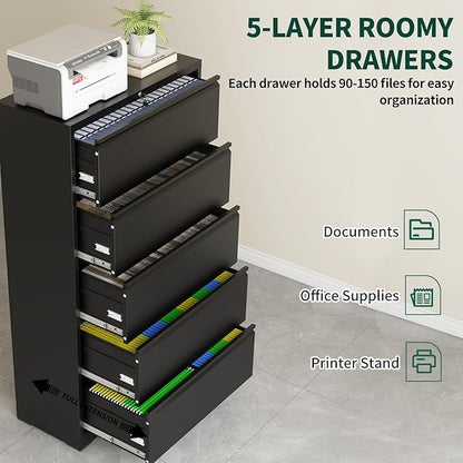 5 Drawer Lateral File Cabinet with Lock, Horizontal Metal File Cabinets for Home Office, Heavy Duty Large Filing Storage Cabinet, Steel Wide File Cabinet for Legal/A4/F4, Require Assembly-Black