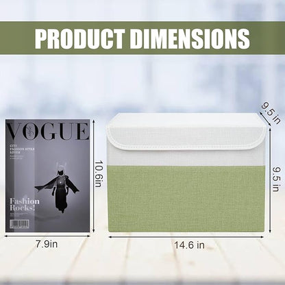 Large 22 Quart Linen Fabric Foldable Storage Bin Cube Organizer Basket with Flip-Top Lid & Handles, Clothes Blanket Box for Home, Office, Closet, Green & White, 4 Pack 14.6 x 9.5 x 9.5