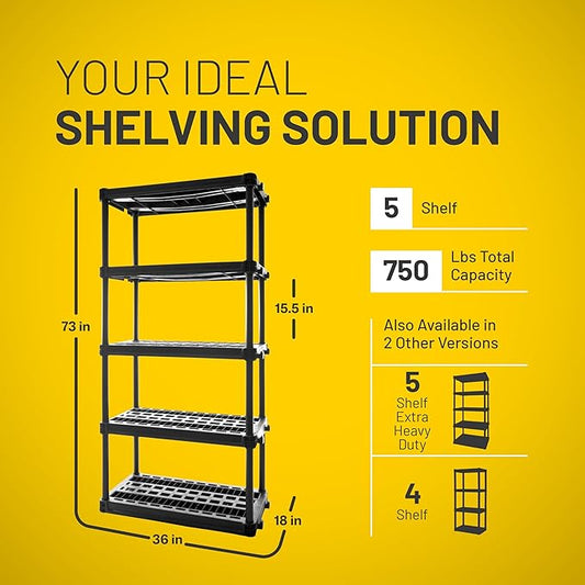 Plano 5-Shelf Plastic Storage Shelves, 73” x 36” x 18”, 750lb Capacity, Pantry, Office, Closet and Garage Shelves, Easy to Assemble, Durable Plastic Shelving Unit