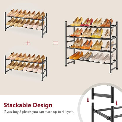 Tajsoon Expandable Shoe Rack for Closet 2 Tier, 28“-41“ Adjustable & Stackable Shoe Shelf Storage, Metal Shoe Rack Organizer for Front Door Entrance, Closet, Garage, Entryway, Black