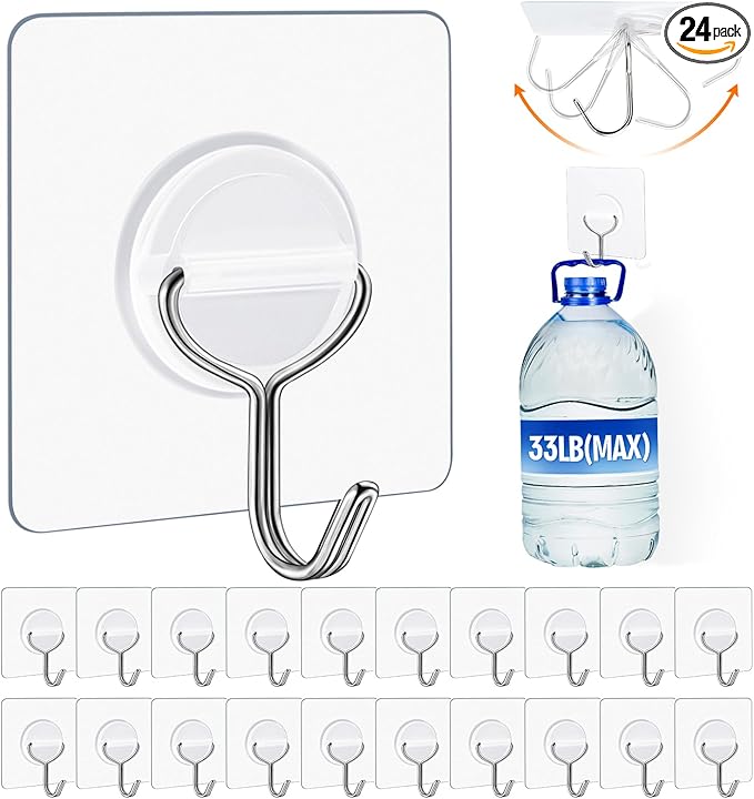 Adhesive Wall Hooks for Hanging Heavy Duty 33lb(Max), Waterproof and Rustproof Transparent Self Adhesive Hooks for Bathroom Kitchen Outdoor and Home Improvement -24 Pack
