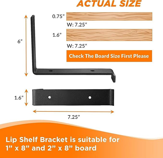 BATODA 8” Shelf Brackets with Lip (Match 7.25" Board) - 6 Pcs Z Shelf Bracket Black - Heavy Duty Hook Brackets for Shelves - Wall Mounted Support for DIY - Shelving Hardware Included (Pack 6)
