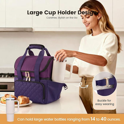 LOVEVOOK Insulated Lunch Bag For Women,Large Double Deck Adult Lunch Box,Teacher Lunch Tote Bag With Cup Holder,Leakproof Cooler Bag With Adjustable Shoulder Strap For Work Picnic Beach