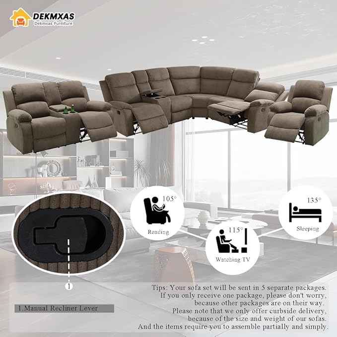 Living Room Furniture Sets, Corduroy Sectional Couch, 5PCS Brown Manual Reclining Sectional Sofa Set and Loveseat Chair with 5 Recliner Seats,Drop-Down Table,Cup Holders,Storage Console