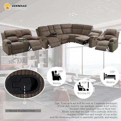 Living Room Furniture Sets, Corduroy Sectional Couch, 5PCS Brown Manual Reclining Sectional Sofa Set and Loveseat Chair with 5 Recliner Seats,Drop-Down Table,Cup Holders,Storage Console