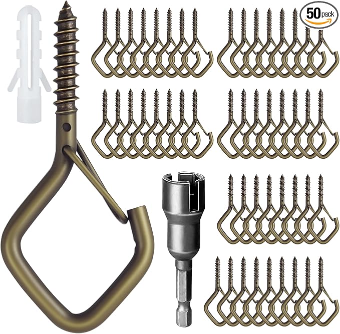 50 Pcs Outdoor Hooks for String Lights,Screw Hooks for Hanging Plants,Ceiling Hooks with Safety Buckle,Square Hanger for Wind Chimes,Bird Feeder,Lanterns,Christmas Decorations (Bronze)