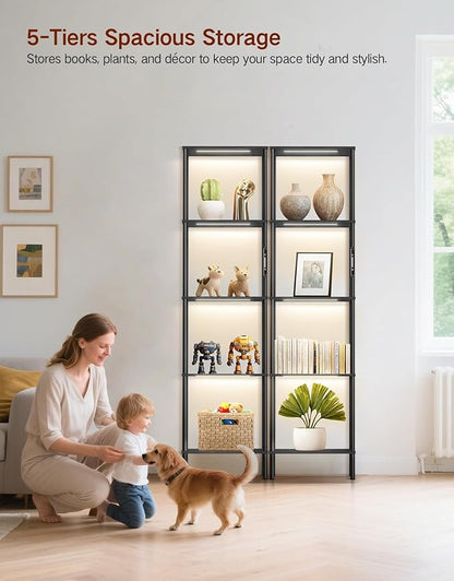 5 Tier Tall Display Shelves with LED Lights, Touch & Remote Control, Dimmable Display Cabinet, Open Bookshelf with 3 Color Temperature, Timer for Living Room, Bedroom, Home Decor(Black)