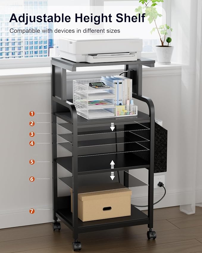 Tall Printer Stand with Storage Adjustable Shelf and Bag, 4-Tier Large Printer Table with Charging Station for Home Office, Printers Cart with Wheels for 3D Shredder Scanner Fax (Black)
