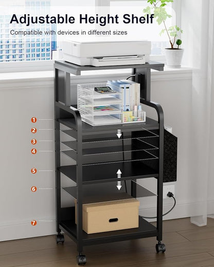 Tall Printer Stand with Storage Adjustable Shelf and Bag, 4-Tier Large Printer Table with Charging Station for Home Office, Printers Cart with Wheels for 3D Shredder Scanner Fax (Black)