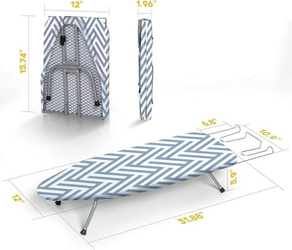 Small Tabletop Ironing Board Foldable, RAINHOL Steel Mesh Portable Iron Board for Dorm and Apartment, with Iron Rest and Heat-Resistant Cotton Cover, 32" x 12", Blue and White Stripes