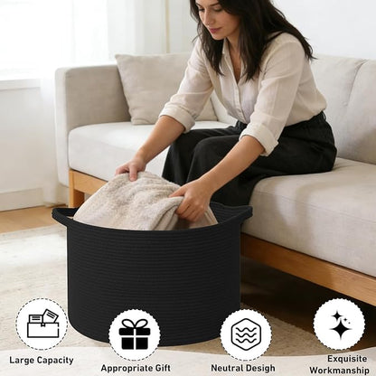 65L Large Blanket Basket,19.7" L x 19.7" W x 13" H Rope Woven Baskets with Handles, Toys Storage Bins,Laundry Basket Perfect for Living Room, Nursery,Bedroom,Home Organization,Black