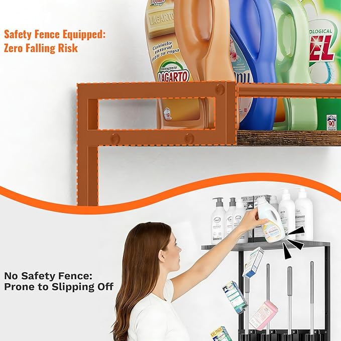 Broom Holder Wall Mount with Shelf Load 66LBS Broom and Mop Organizer Wall Hanging Broom Hanger with 4 Mop Hanger Grippers, 3 Hooks for Laundry Room, Garage, Utility Closet, Kitchen, 2 Packs