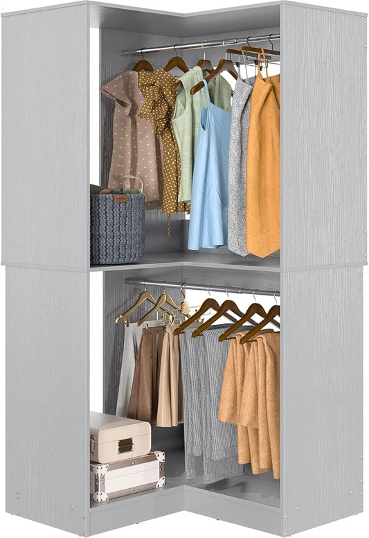 Armocity Corner Closet System, 32 Inches Wide Wood Corner Unit with 2 Hanging Rods and All Hardware Kits, 3-Tier 80'' Height Corner Wood Closet Tower, Grey