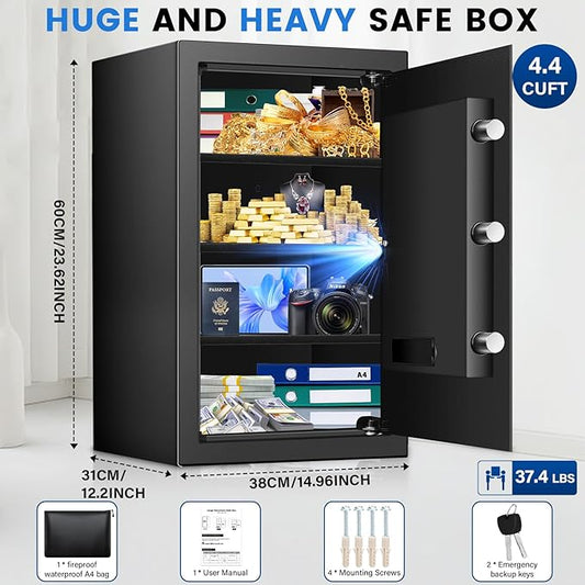 23.62 inches Tall Safe Box, 4.4 Cuft Home Safe with Fireproof Waterproof Bag, Anti-Theft Digital Security Lock Box with Smart Alert System, Removable Shelf, Mute Function, Document Safes for Jewelry