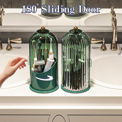Dustproof Toothbrush Holders with Cover, Rotating Electric Toothbrush and Toothpaste Holder for Bathroom Countertop, 3 Slots Makeup Brushes Organizer, All Green