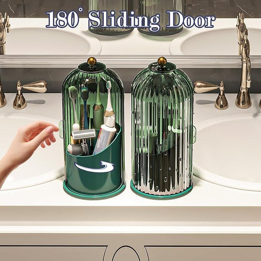 Dustproof Toothbrush Holders with Cover, Rotating Electric Toothbrush and Toothpaste Holder for Bathroom Countertop, 3 Slots Makeup Brushes Organizer, All Green