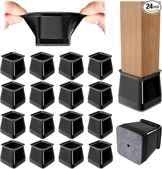 24 Pcs Chair Leg Floor Protectors Square,Black Silicone Felt Furniture Leg Pads Caps Covers for Hardwood Floors(Fit:1-1/16" to 1-5/8")