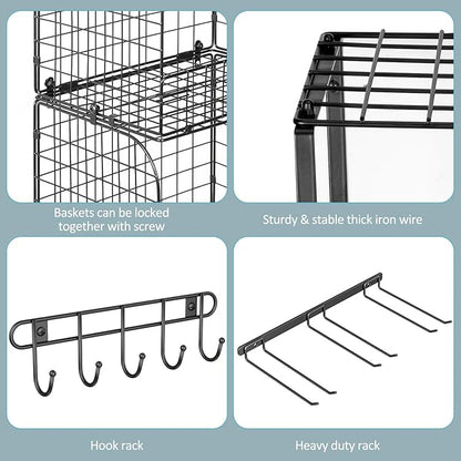 Garage Shelf Wall Mounted with Wire baskets, Heavy Duty Garage Wall Shelving with Garden Tool Rack and Hooks, Wire Shelf Baskets Tool Organizer for Home Garden Yard Organization and Storage