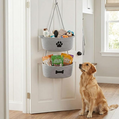 2-Tier Dog Baskets,Over Door Hanging Oganizer for Pet Stuff with Metal Hooks,Cotton Rope Wall-Mounted Storage Organizer for Dog Leash/Harness/Small Toys/Trash Bag - Gray
