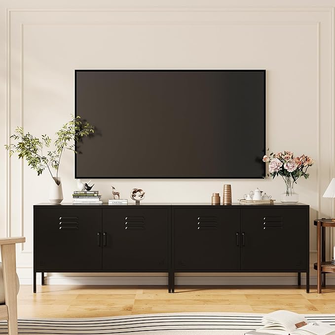 Metal Storage Cabinet with 2 Doors and Adjustable Shelves, Wide Metal Locker, Low Storage Cabinet, Accent Cabinet, TV Stand, Media Cabinet for Home, Office, Living Room, Kitchen, Music Studio, Black