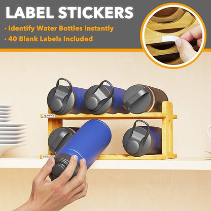 SpaceAid Bamboo Water Bottle Organizer with Labels, Kitchen Pantry Water Bottle Storage Rack for Cabinets, Home Cup and Wine Bottle Holder Shelf Organizers, (2-Tier, Hold 6 Bottles)